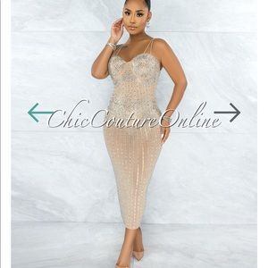 Victoriana Nude Mesh Iridescent Rhinestones Bodysuit Dress 
(Size: Medium)